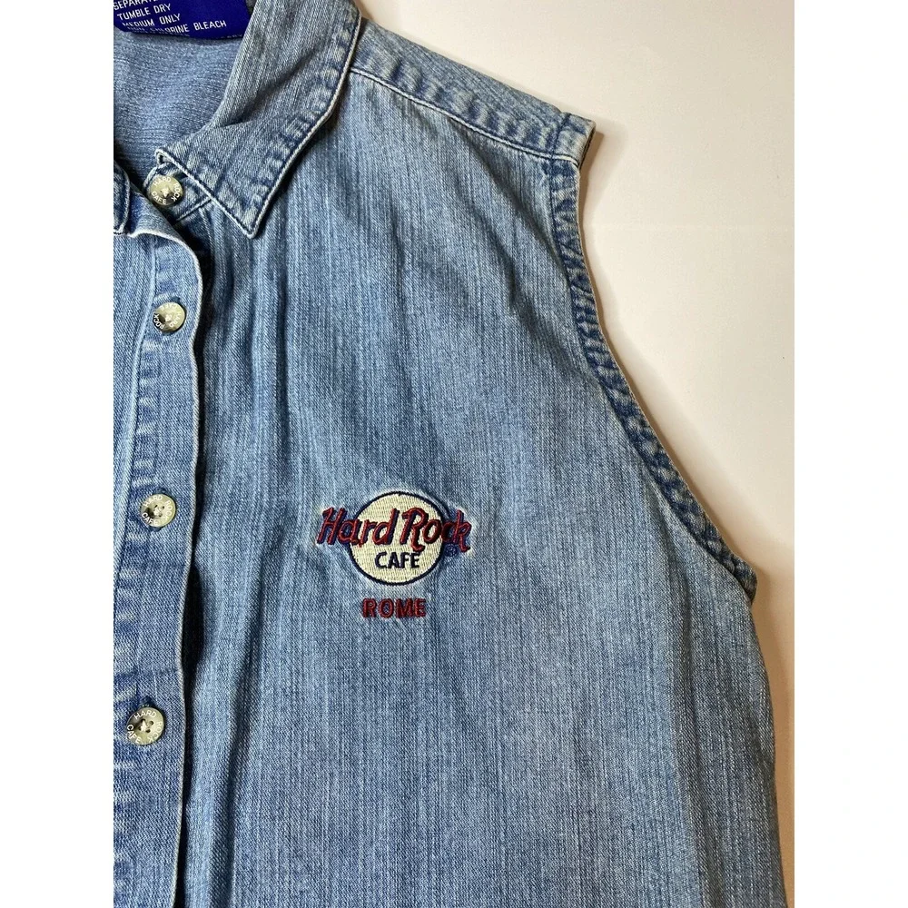 VTG Hard Rock Cafe ROME Italy Womens Large Denim Tank Top Button Shirt
